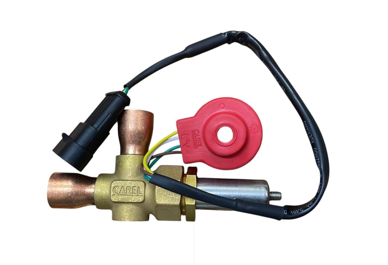 Brass gas valve assembly with red knob, copper fittings, and black electrical connector and cord